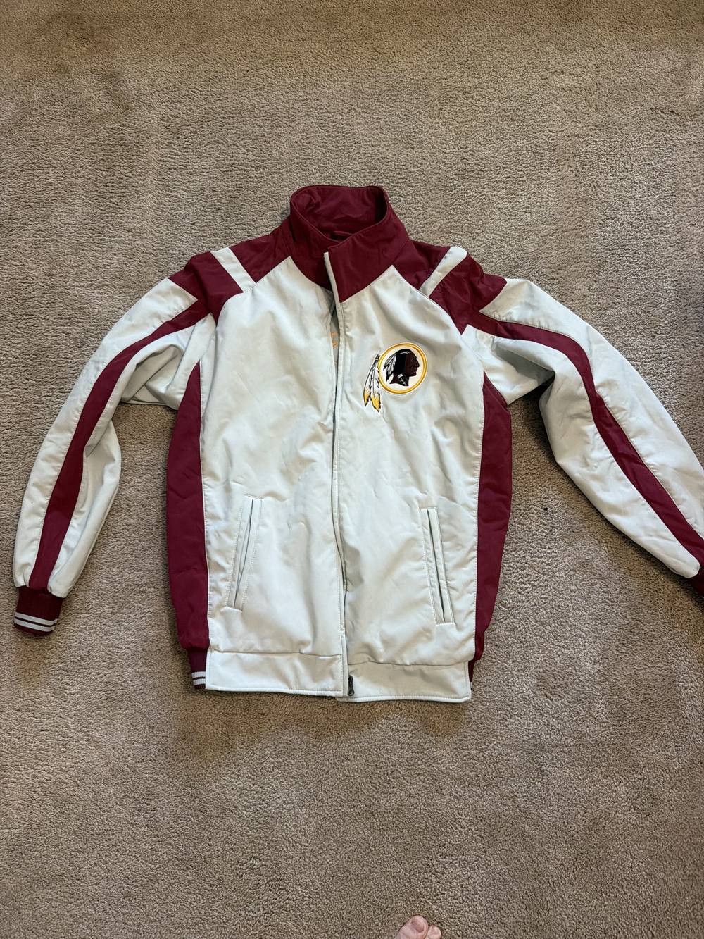 NFL White and Burgundy Team Bomber Jacket with Embroidered Patch